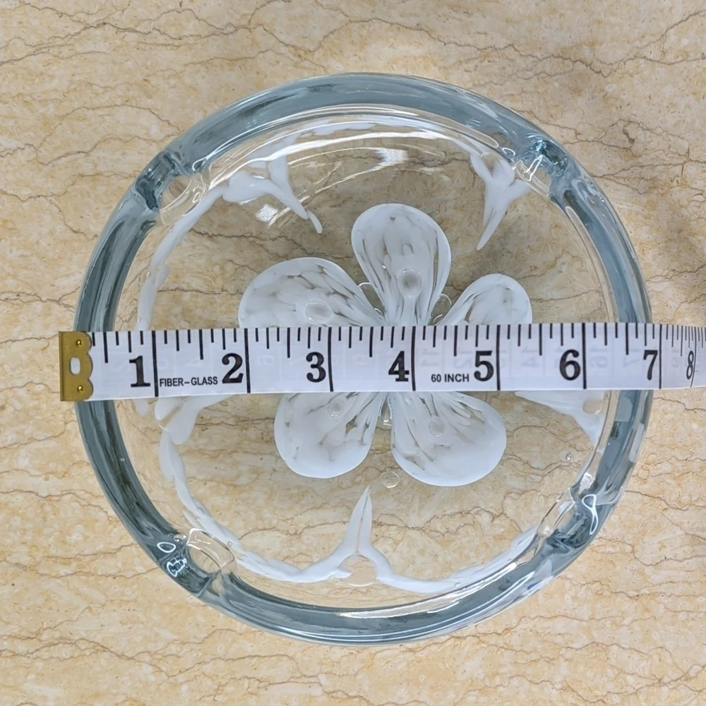 Vintage Art Clear Bubble Glass White Flower Heavy Ashtray Trinket Dish